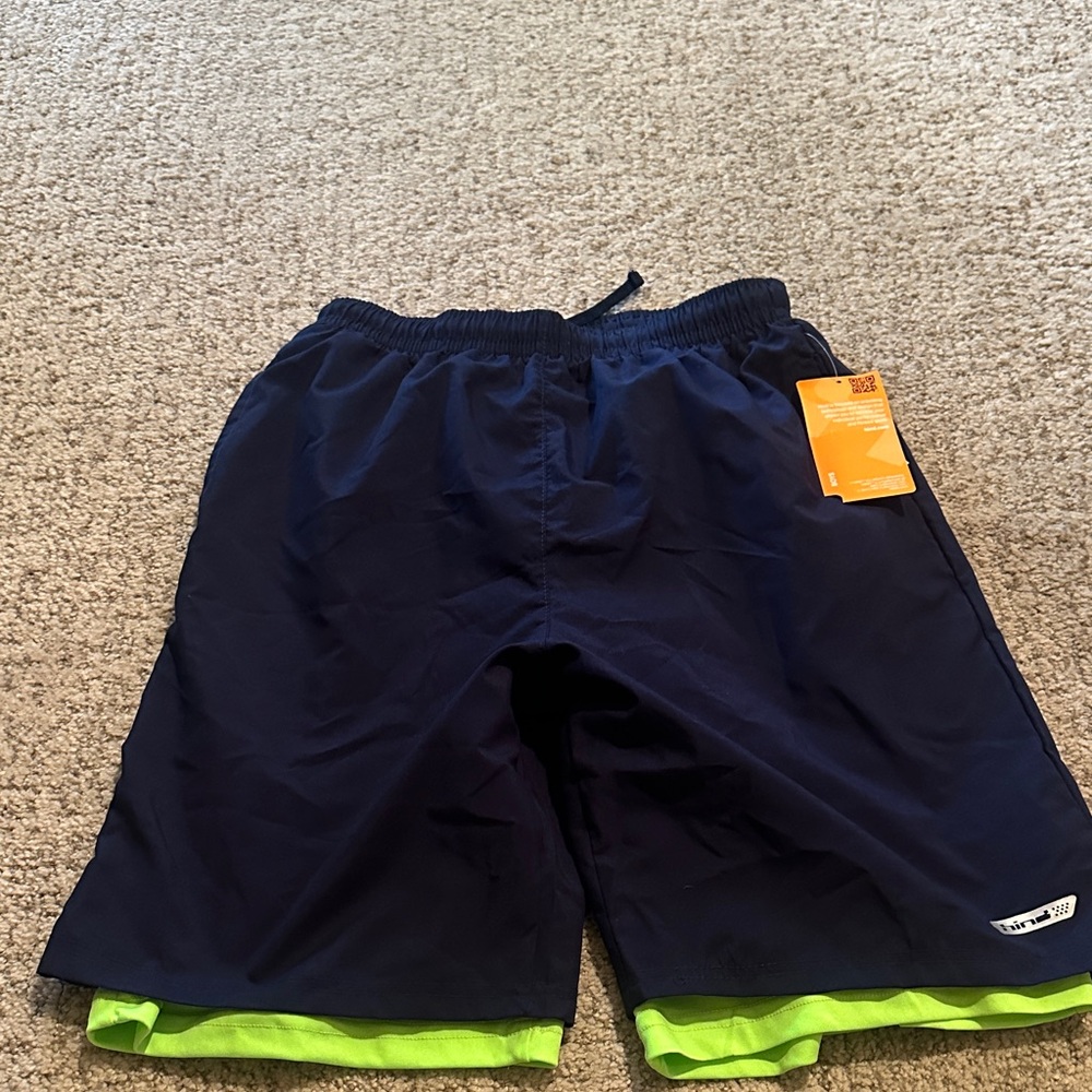 Hind Dark Blue and Bright Green Swim Shorts